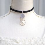 【受注製作】レジンアート　ラウンドモチーフとタティングレースとベルベットリボンのチョーカー〈雲に抱かれて〉