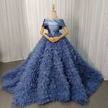 豪華！カラードレス ブルー 取り外しオフショルダー 柔らかく重ねたチュールスカート 編み上げ 前撮り