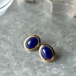 P741-ヴィンテージピアス U.S.A. 1970〜80's Navy Cabochon Gold Tone Oval