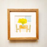 「ミモザのある部屋」原画 ※木製額縁入り（18㎝角）一点物 水彩 イラスト 北欧インテリア　