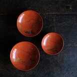 お正月やおめでたい日に◆朱色で素敵。時代物漆芸蒔絵三つ重ね盃　漆器　骨董/antique 昭和初期