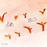 「桜並木」原画 ※木製額縁入り（18㎝角）一点物 水彩 イラスト 北欧インテリア