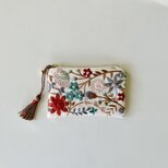 春色　花刺繍＋ビーズ刺繍　ミニポーチ
