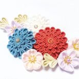 つまみ細工の髪飾り Ｕピン ７点セット【朱色･白･青緑】