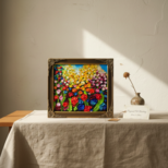 【原画】油絵「colorful flower garden」色紙/ 鮮やかな花畑の風景画 リビングや玄関に飾る花の絵 額縁あり
