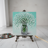 絵画 油彩 白い花束　木製パネル【かすみ草】リビングの壁掛けアート インテリア