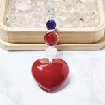 ✦1点限定！穏やかな赤いハートが彩る、心をほどく天然石ストラップ｜赤瑪瑙・アメジスト・ローズクォーツ No.856