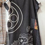 古布リメイク　家紋＋縞木綿のロールカラーBigワンピース　古布　着物リメイク　ゆったりサイズ