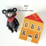 身長５cmのミニチュアテディベア／ブラック(和紙で作った小さなくまのお人形)＆貝殻標本のドールハウスセット