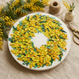 油絵 原画「幸せを呼ぶミモザの輪」ミモザ リース 絵画 花 インテリアアート　一点物　ナチュラルインテリア・北欧風のお部屋に