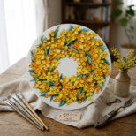 油絵 原画「幸せを呼ぶミモザの輪」ミモザ リース 絵画 花 インテリアアート　一点物　ナチュラルインテリア・北欧風のお部屋に