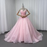 フランス風 カラードレス ピンク ベアトップ デザイン感 フレアスカート ソフトオーガンジー 花嫁