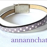 【ヨーロッパ製　本革　ラベンダー　水玉・白　二重　ブレスレット】マグネット留め　