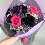 プリザーブドフラワー／黒、ピンク、紫の3色ローズとかすみ草のキラキラ花束★クロミカラー