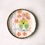 桜の木に止まる黄色い小鳥・手描き絵皿