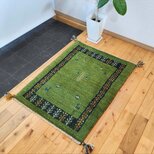 ハンドメイド　ペルシャ ギャッベ　ラグ　玄関マット　 90x66cm　黄緑色　生命の木　ヤギ　羊　RD4146