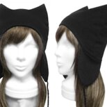 シンプル 耳あて付猫耳帽子◆コットンニット／ブラック