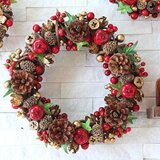 りんご・松ぼっくり・レッド・赤・ゴールド・金・リース (28R12)　クリスマスリース　Xmas　X'mas　クリスマス