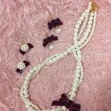 一点物☆2wayねじりパールネックレスにワインレッドのベロアリボン