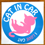 猫のステッカー「cat in car」ピンク＆ブルー