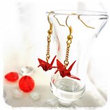 鶴の折り紙ピアス赤