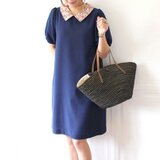 衿リバティ半袖ワンピース ネイビー affetto ハンドメイド