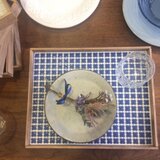 カフェトレイ(大)、花タイル(ブルー)訳ありSALE品