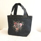 トールペイント_デニムトートバック（インディゴ）_バラとスワロフスキークリスタル【受注制作】