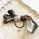 （大）スカーフリボンのヘアゴム（コットンパール付）
