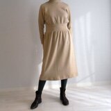 【上質な綿混ウール】長袖ワンピース　♪ドルマンスリーブ♪　コーラルベージュ　春先までOK　ウェスト切り替えし