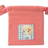 入園用品：巾着 デニムといちごプリントのコップ入れ  アップリケ付き