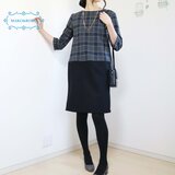 New【グレー】グレンチェック柄ウール切り替えワンピース★♫