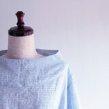 【受注製作】国産リネン100％ブルーボーダー　ボトルネックサックワンピース