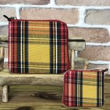 新案設計・倉敷帆布の薄い財布  黄系格子 赤ファスナー