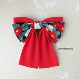 髪飾り 縮緬リボン<ソフトWリボン>はいからさん(モダン椿・地色黒&赤）着物・袴・浴衣・成人式・卒業式・七五三