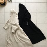 送料無料♪前開きスタンドカラーピンタックワンピース(ベージュ・黒 )