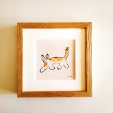 【のんきな猫に癒される】原画「猫とちょうちょ」 ※18㎝角　栗材木製額縁入り・一点物・北欧インテリア・ドローイング・猫のイラスト