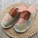 アンティーク着物リメイク手縫い革装飾スリッパ