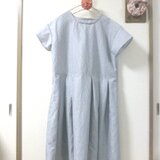 細ストライプリネン100％ボックスプリーツワンピースM~L