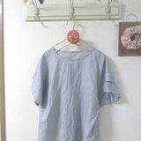 細ストライプリネン100％　肩タックブラウス　チュニックM~L