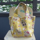 手縫い☆マチ付トート☆プラスナップ付☆レトロねこ柄☆黄色☆ランチバッグ・マルシェバッグ☆裏地なし