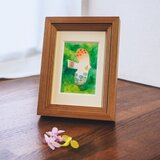 水彩原画『草色の丘青花鳥』日々を愉しむちいさな絵　額装品の画像