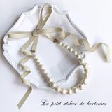 お好きなカラーで★大粒コットンパール&グログランリボン・グラデーションネックレス★サンドベージュ★14kgf変更可