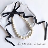 お好きなカラーで★大粒コットンパール&グログランリボン・グラデーションネックレス★ブラック★14kgf変更可