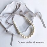 お好きなカラーで★大粒コットンパール&グログランリボン・グラデーションネックレス★アッシュグレー★14kgf変更可