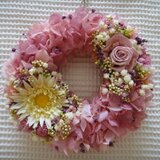 【☆プレゼントに☆】【☆インテリアに☆】ピンク×ボルドー紫陽花＆イエローガーベラのミニリース【☆限定1個☆】