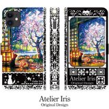 【和みの夜桜】猫 油絵 iPhone 手帳型 スマホケース 携帯ケース 送料無料 黒バージョンの画像