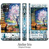 【和みの夜桜】猫 油絵 iPhone 手帳型 スマホケース 携帯ケース 送料無料 白地ブルーの画像