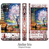 【和みの夜桜】猫 油絵 iPhone 手帳型 スマホケース 携帯ケース 送料無料 白地レッドの画像