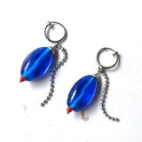 インドビーズのテイルイヤリング　フェイクピアス　ブルー　青　ステンレス　金属アレルギー　チタンフックピアス　変更可能　